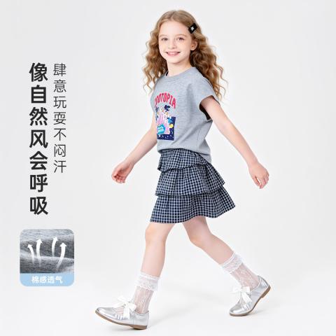 迪士尼 韩系格纹蛋糕裙套装26夏女童潮酷时尚百搭印花短袖裙子两件套 图片 6