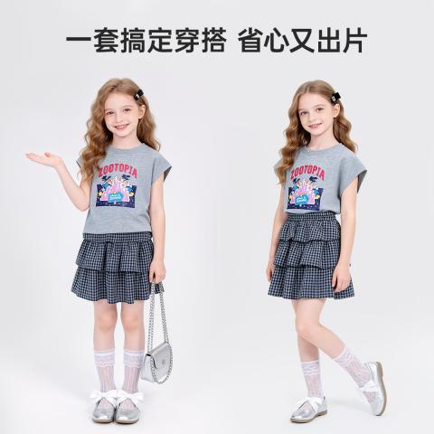 迪士尼 韩系格纹蛋糕裙套装26夏女童潮酷时尚百搭印花短袖裙子两件套 图片 5