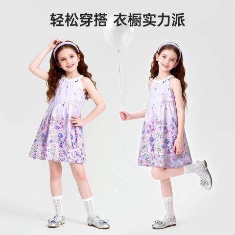 迪士尼 法式碎花公主裙2026夏女童时尚印花挂脖舒适透气A字连衣裙 图片 4