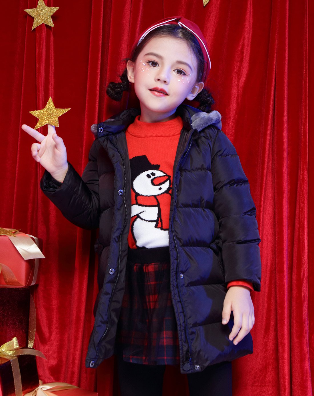 osa欧莎童装 女童白鸭绒中长款保暖羽绒服