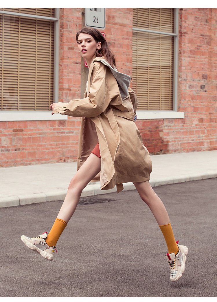 休闲鞋真皮厚底运动鞋女百搭格子拼接系带松糕跟休闲鞋街拍老爹鞋