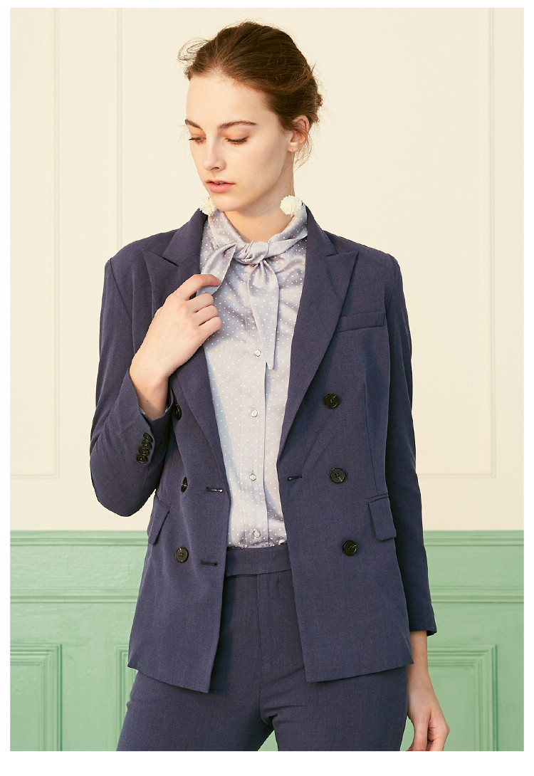 landi蓝地双排扣西服女修身显瘦百搭职业西装外套