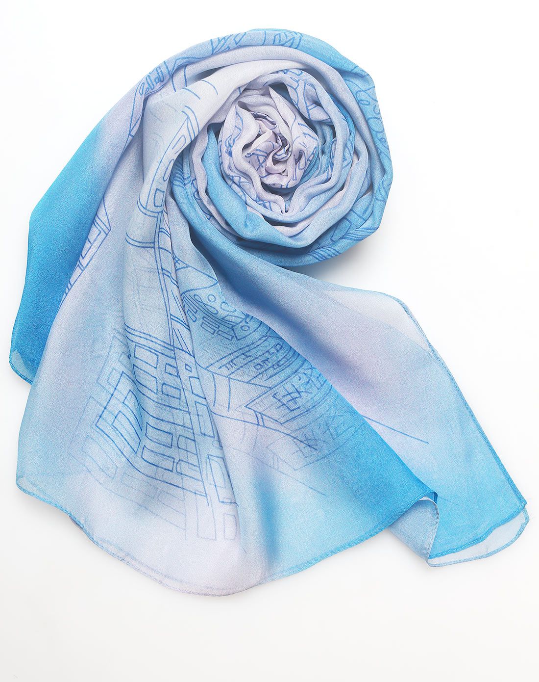 紫宝zibao丝巾专场紫宝加密雪纺印花桑蚕丝长巾(都市风情)兰色we60053