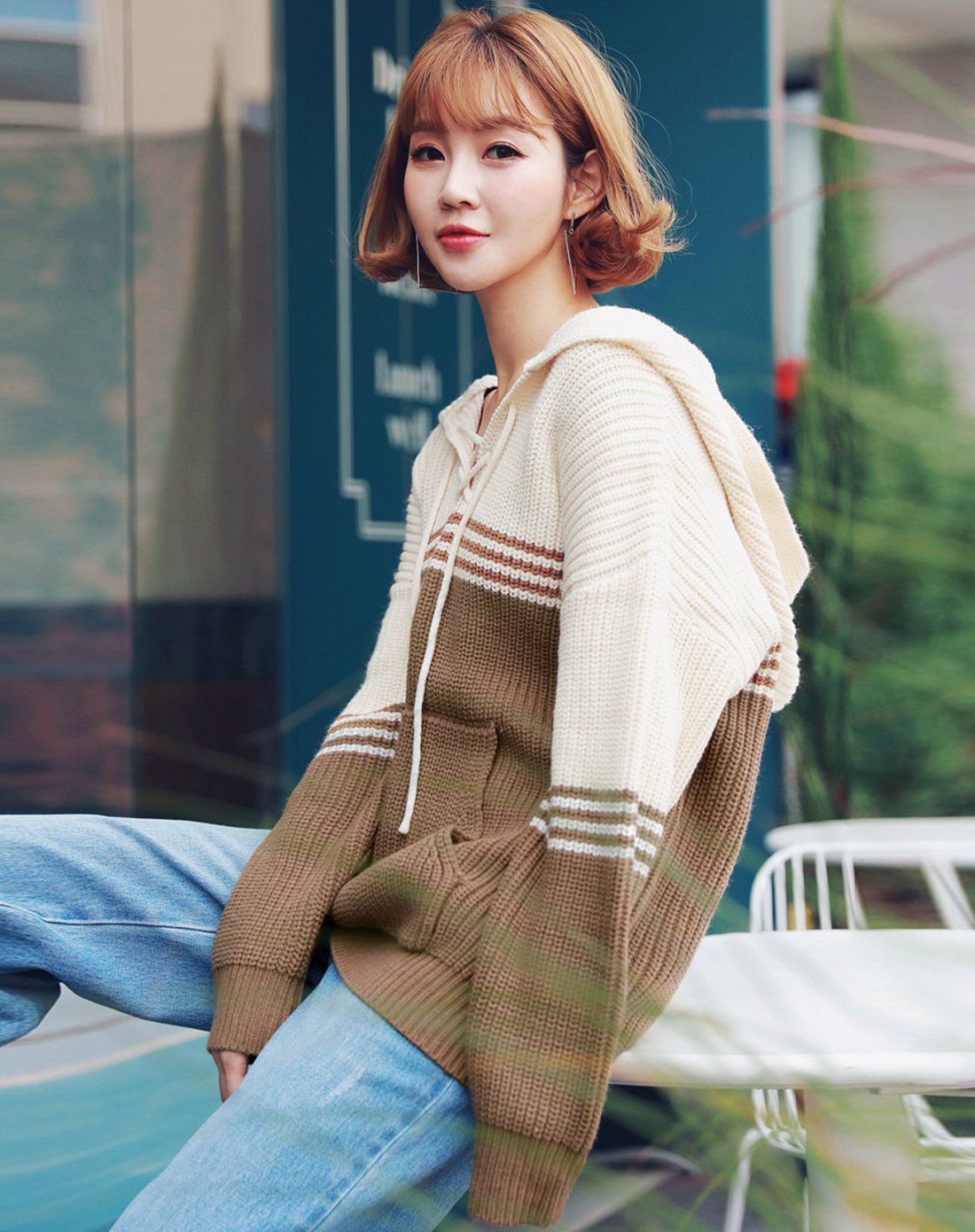 韩版女装秋装学院风可爱浪漫撞色拼接连帽针织衫