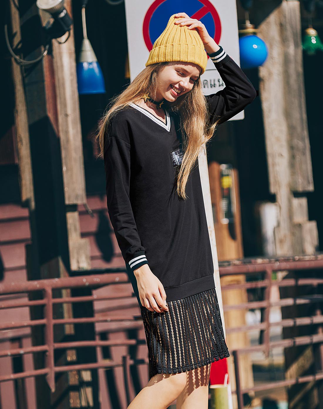 尼班诗nibbuns女装专场 17春v领蕾丝拼接连衣裙