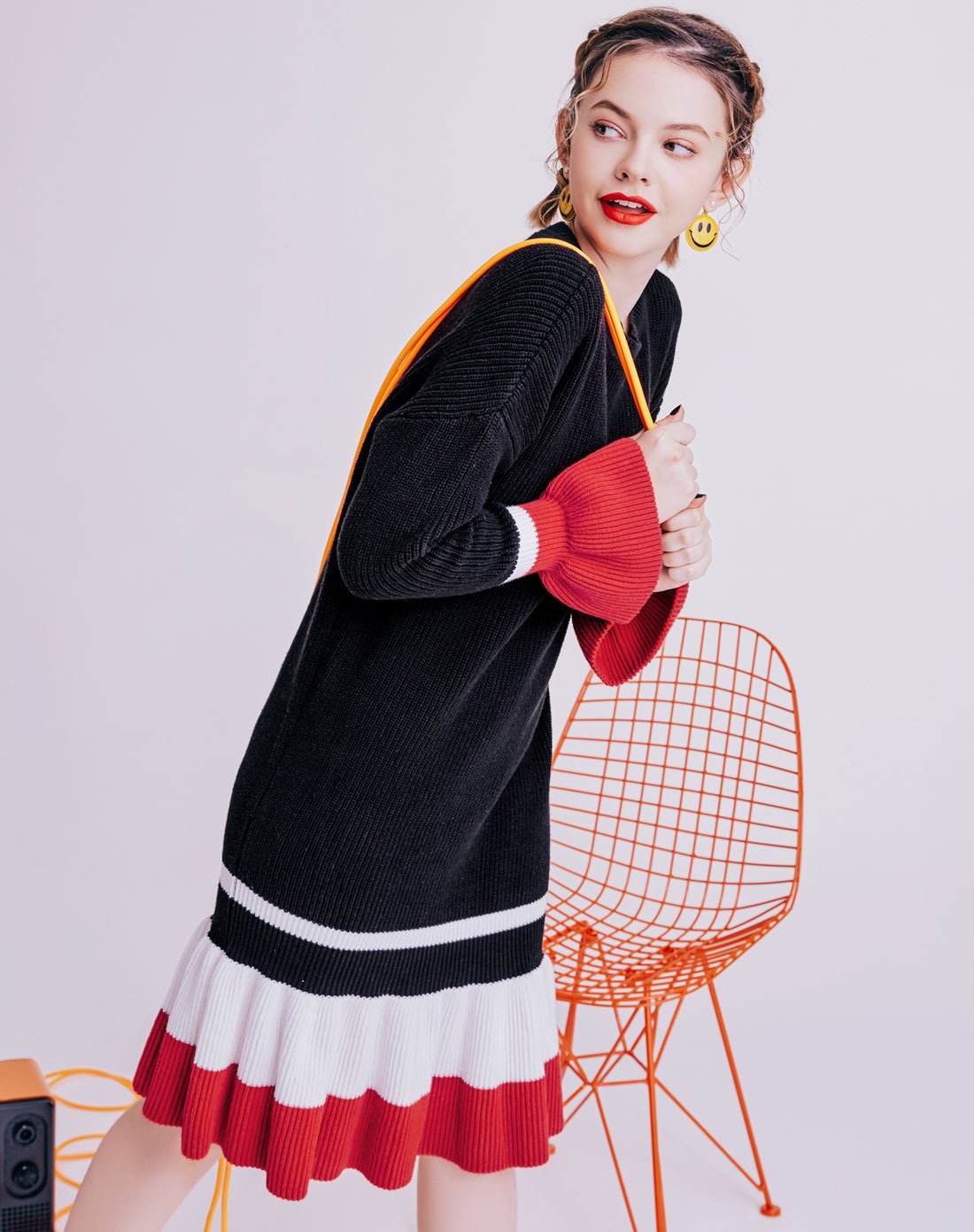 尼班诗nibbuns女装专场 撞色条纹荷叶边长袖荷叶袖中长款连衣裙