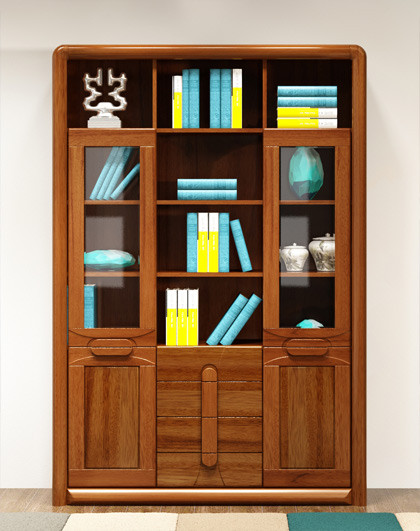 现代中式金檀色实木三门书柜