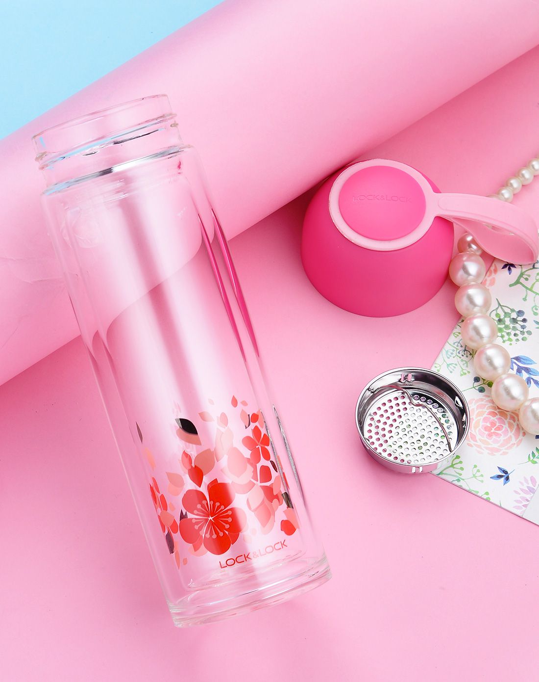 双层耐热玻璃水杯便携茶杯 粉色350ml