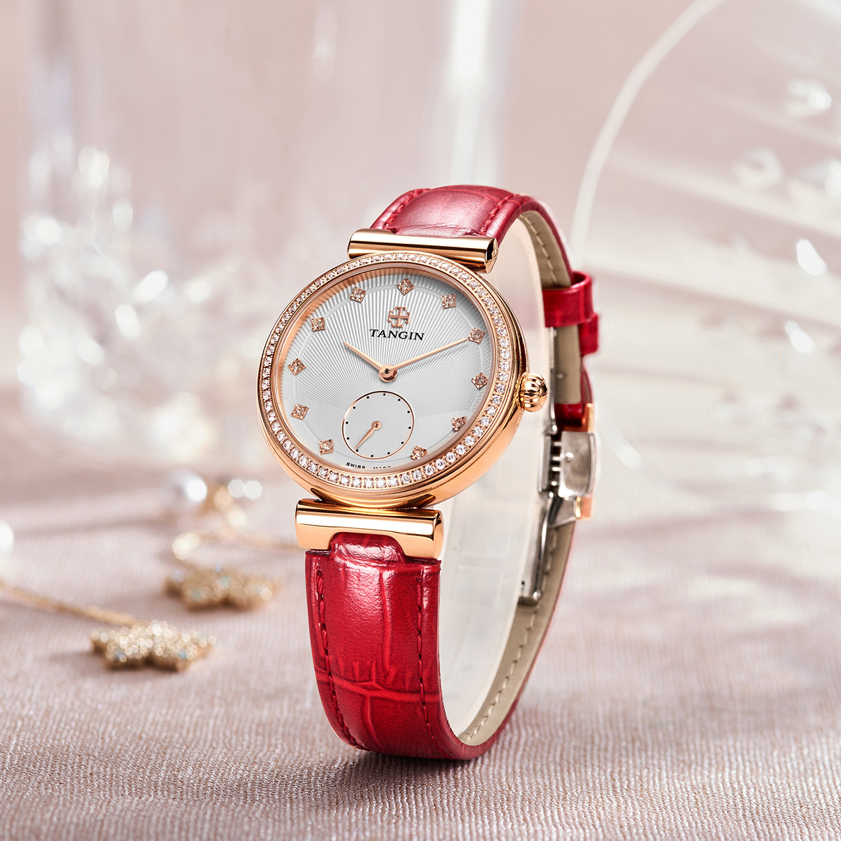 瑞士手表女 含利是袋 日出印象镶钻优雅气质皮带石英女表女士手表