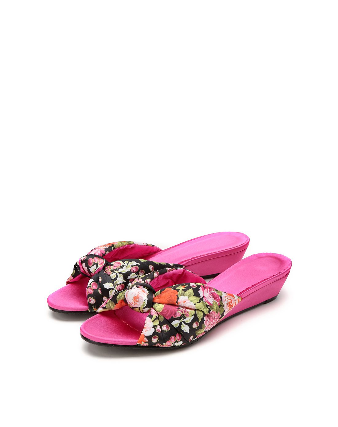 aimer home女款玫红色蝴蝶结坡跟家居拖鞋