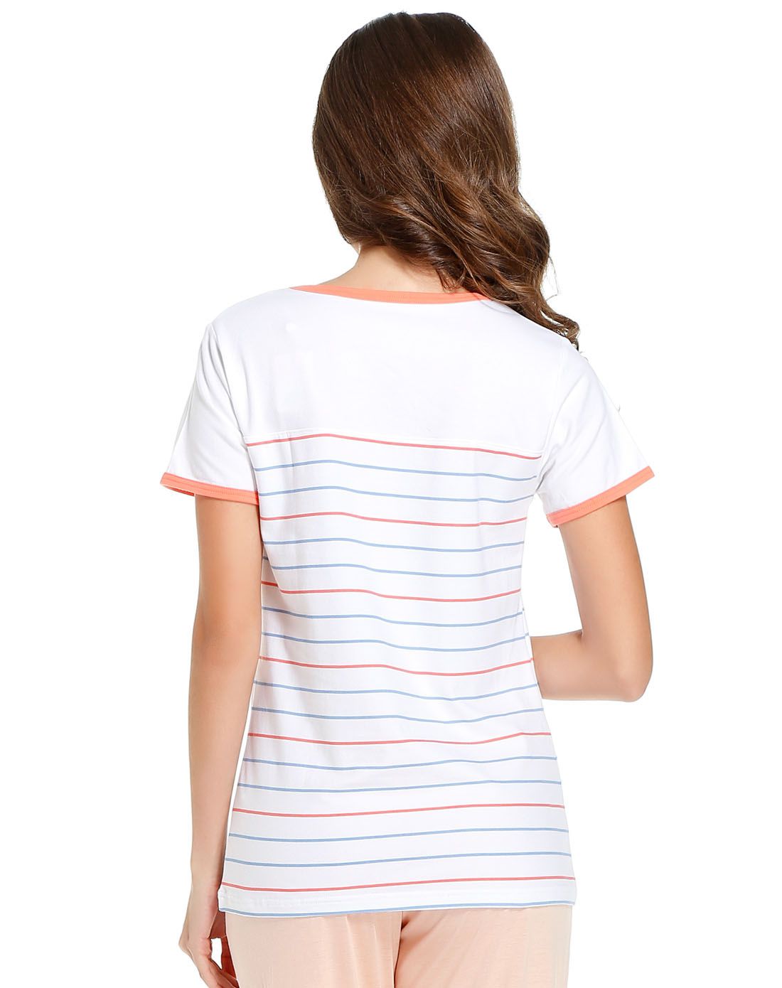aimer kids女款舒适条纹短袖家居上衣白色
