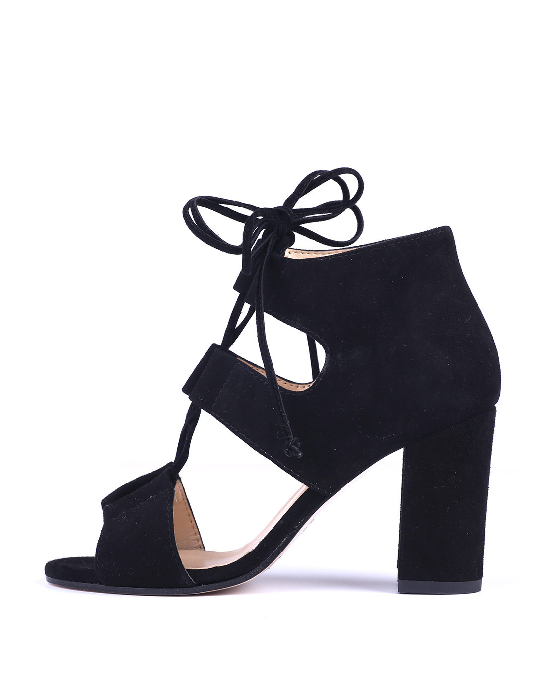 女黑色意大利原装进口羊皮粗跟绑带凉鞋