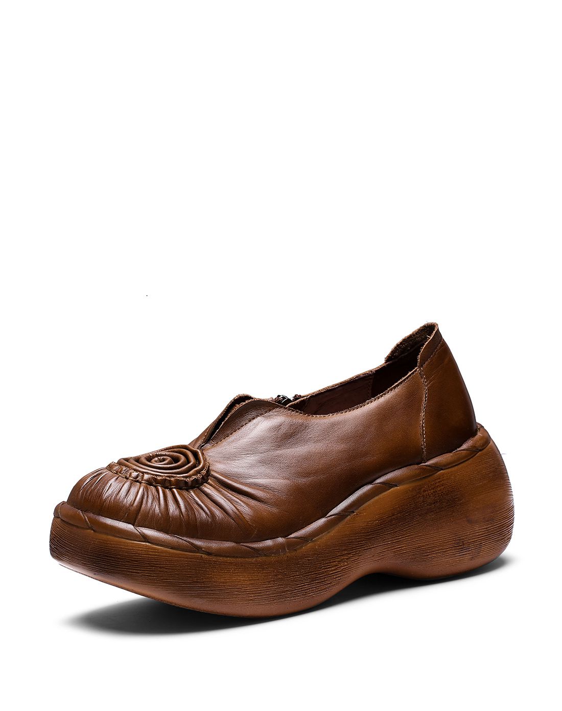 2016女酒红色牛皮花型褶皱侧拉链坡跟单鞋