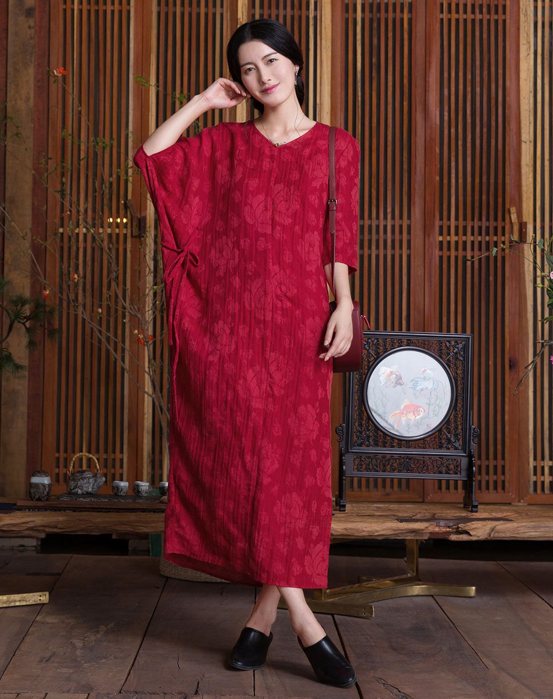 胭脂红棉麻连衣裙两件套装