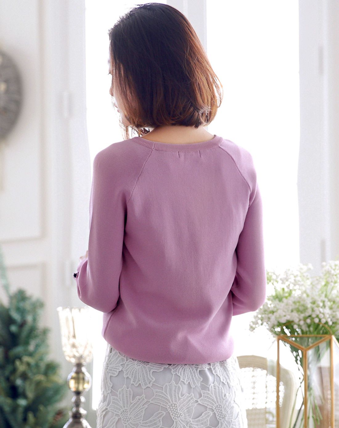 藕荷色长袖针织衫