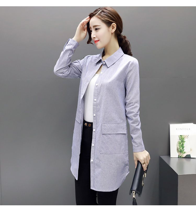 品牌名称: 茜舞 商品名称: 中长款休闲衬衫蓝白条 商品分类: 女式衬衫