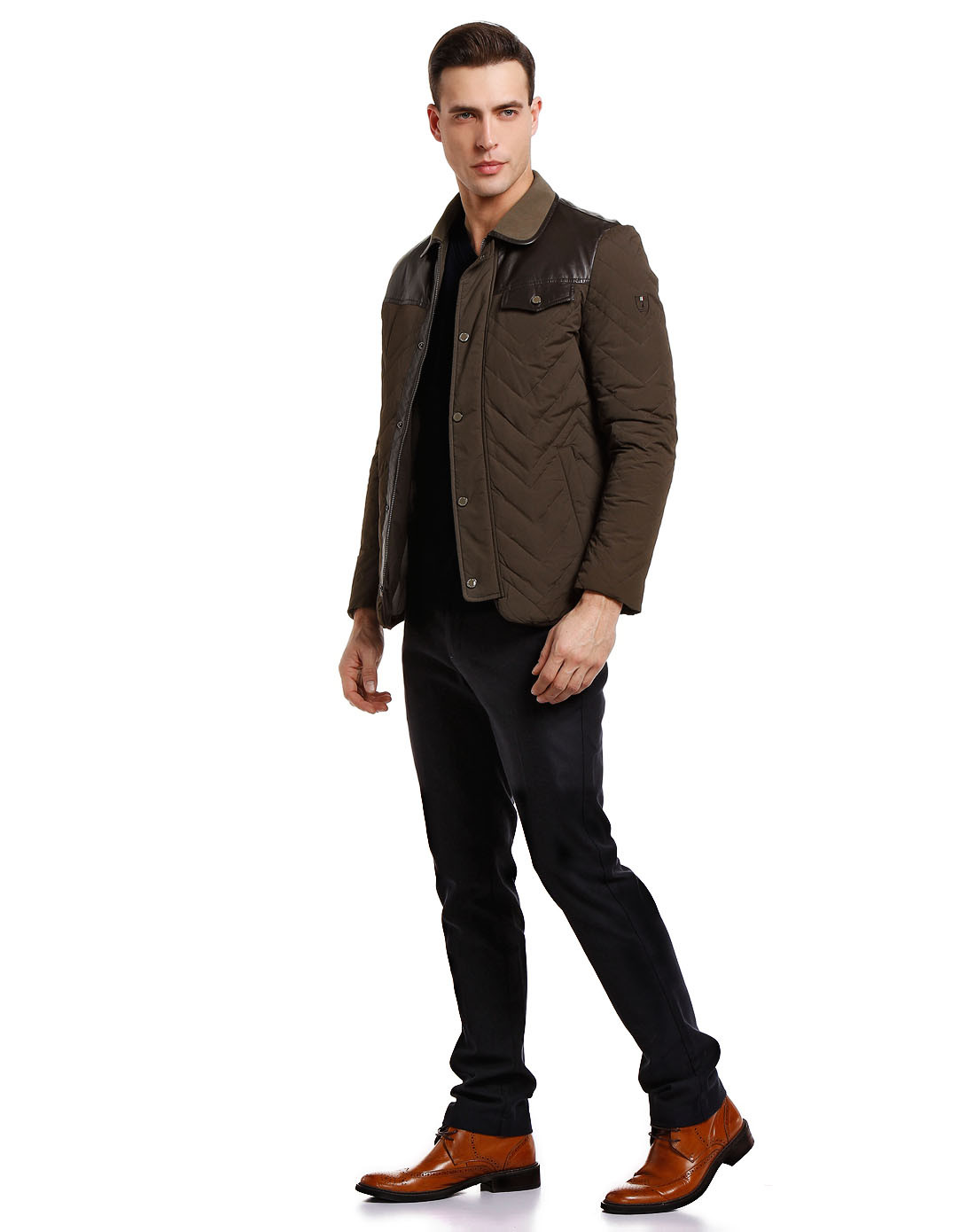 纳维凯尔navigare男装返季专场深咖色拼皮翻领长袖羽绒服34160010848