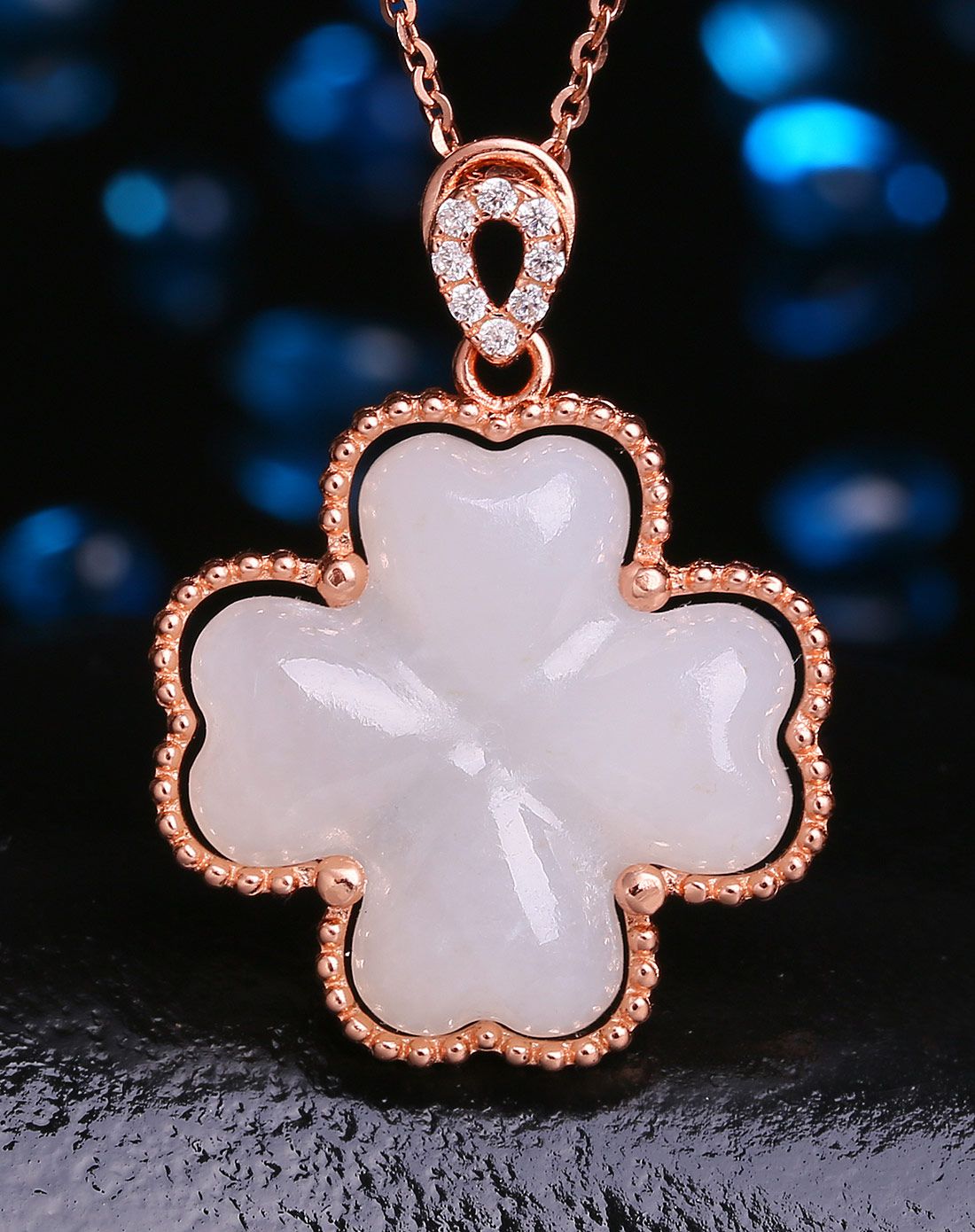 一品翠 s925银镶和田玉时尚白润四叶草吊坠