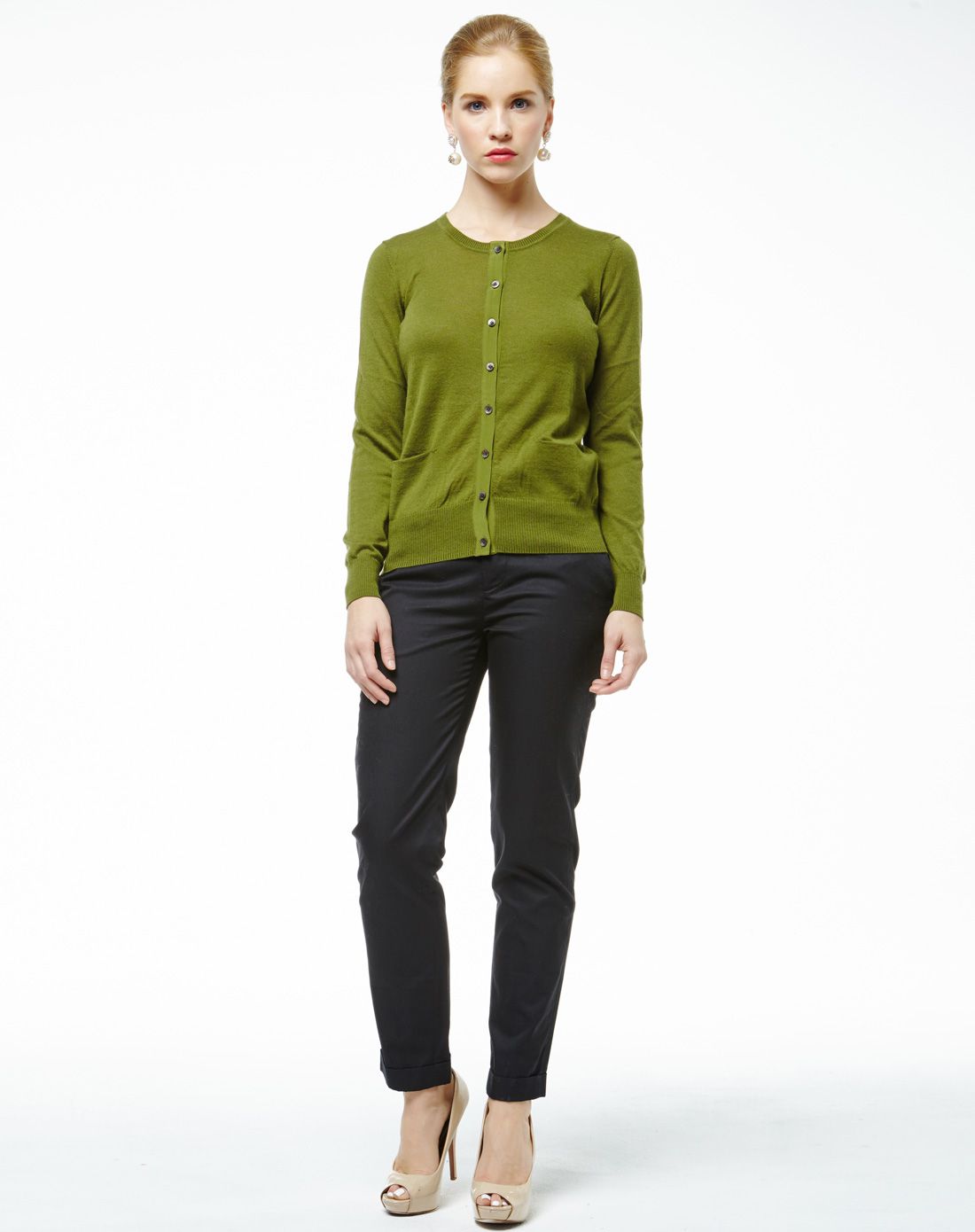 豆绿色女式经典精纺纯羊绒修身开衫