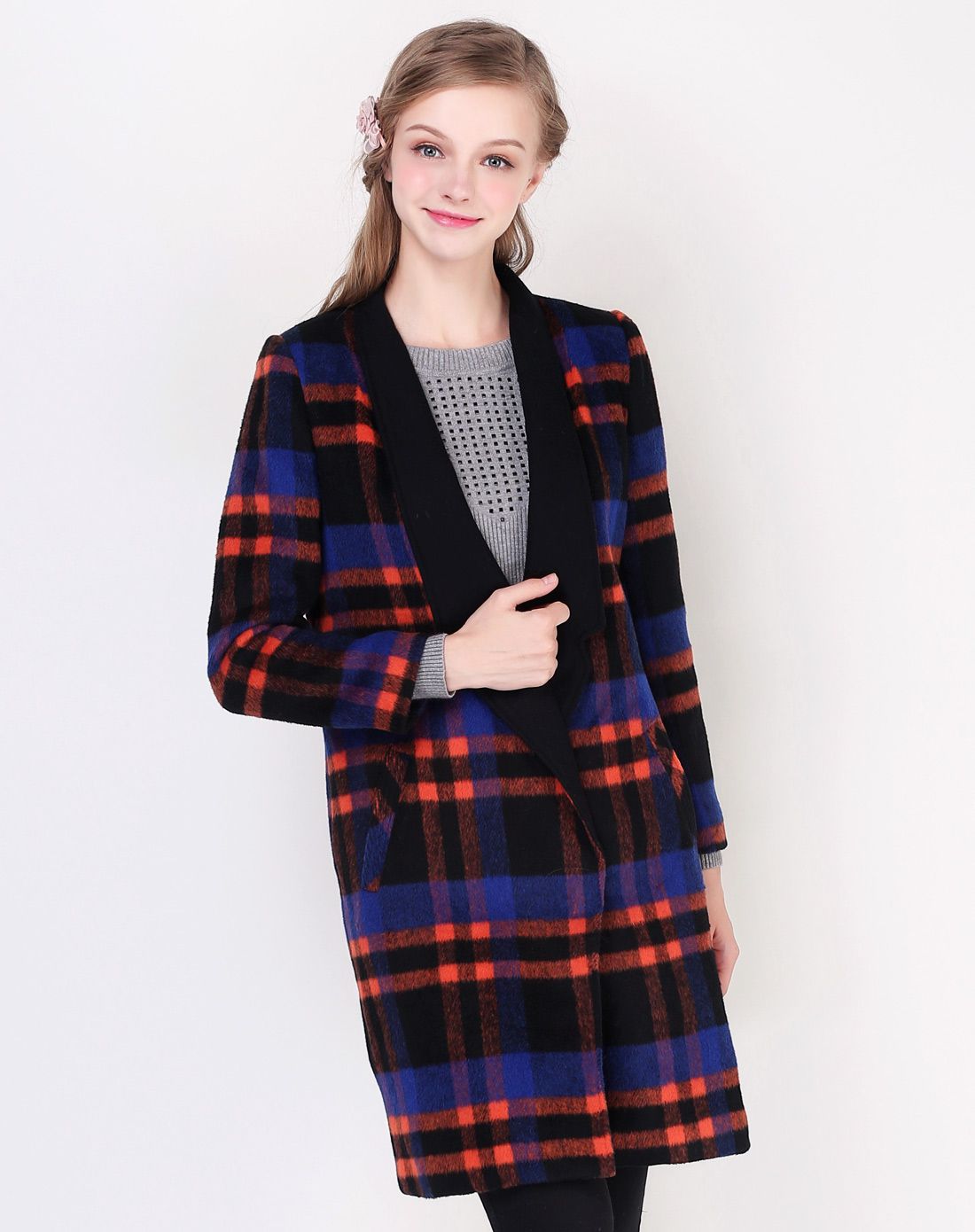 柠黄英伦格子修身毛呢大衣