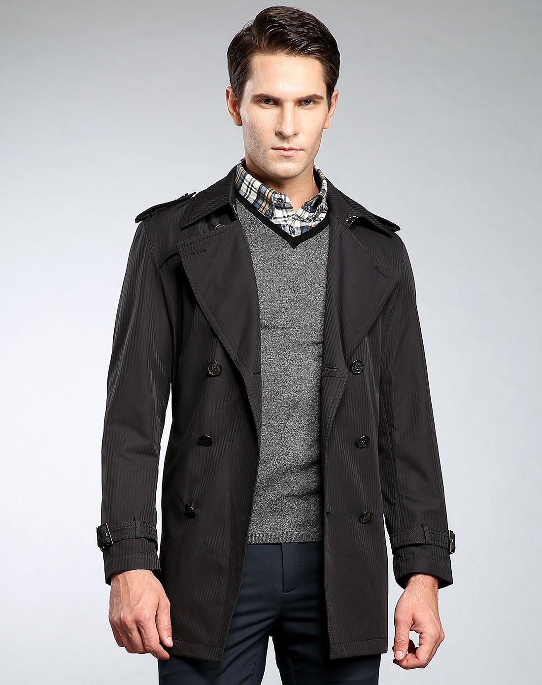delure&铁狮丹顿testantin男装帅气有型竖纹双排扣翻领中长款风衣