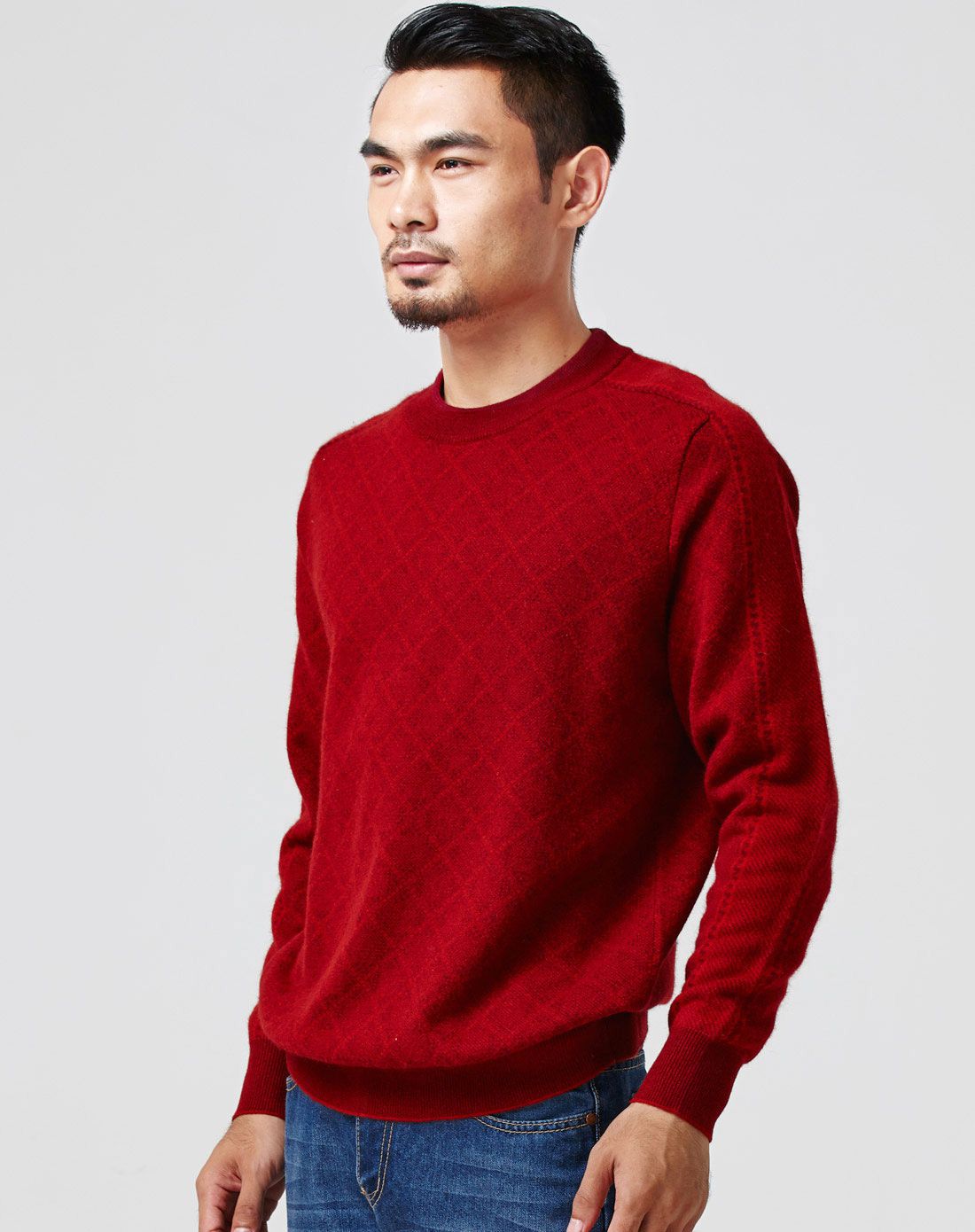 男士红色羊绒加厚圆领男套衫羊绒衫