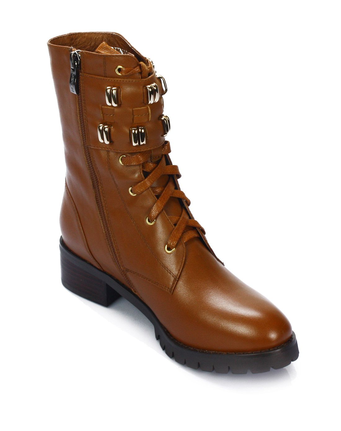 红棕色牛皮帅气双排扣中性女靴