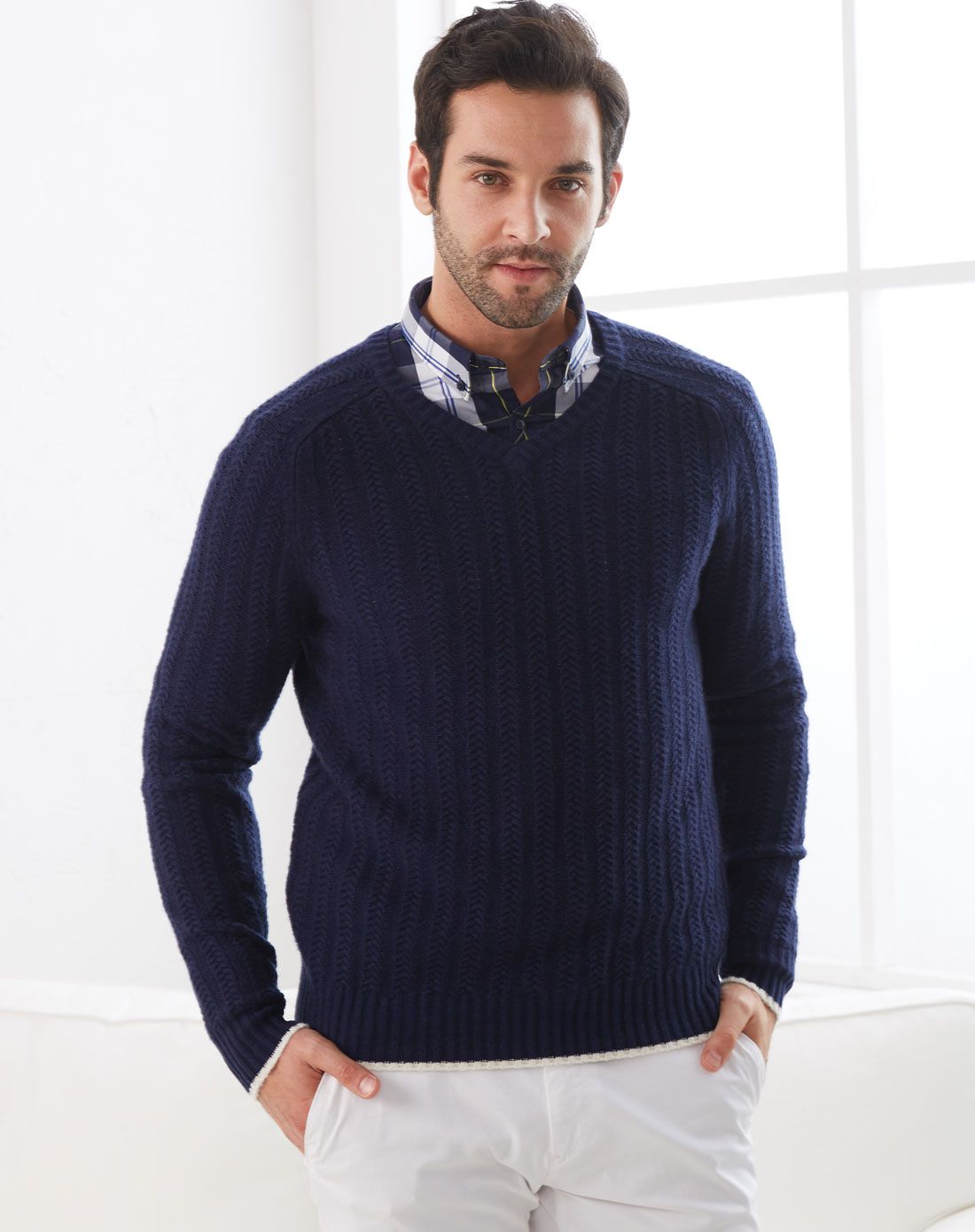 男士羊绒时尚v领条纹男套衫羊绒衫花麦色