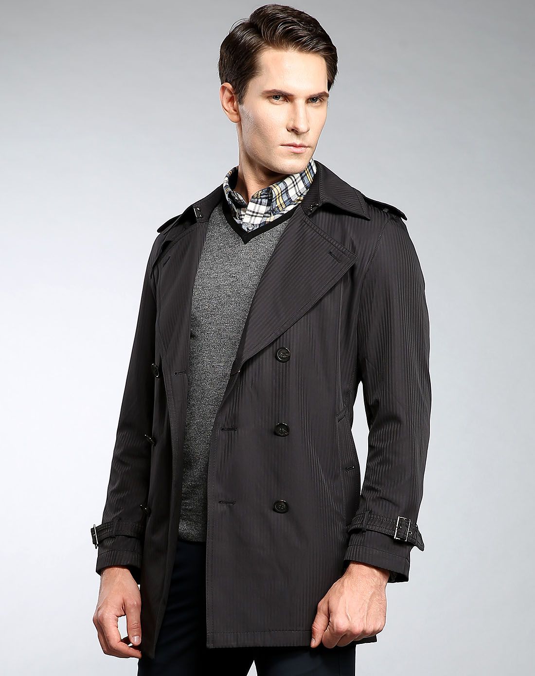 delure&铁狮丹顿testantin男装帅气有型竖纹双排扣翻领中长款风衣