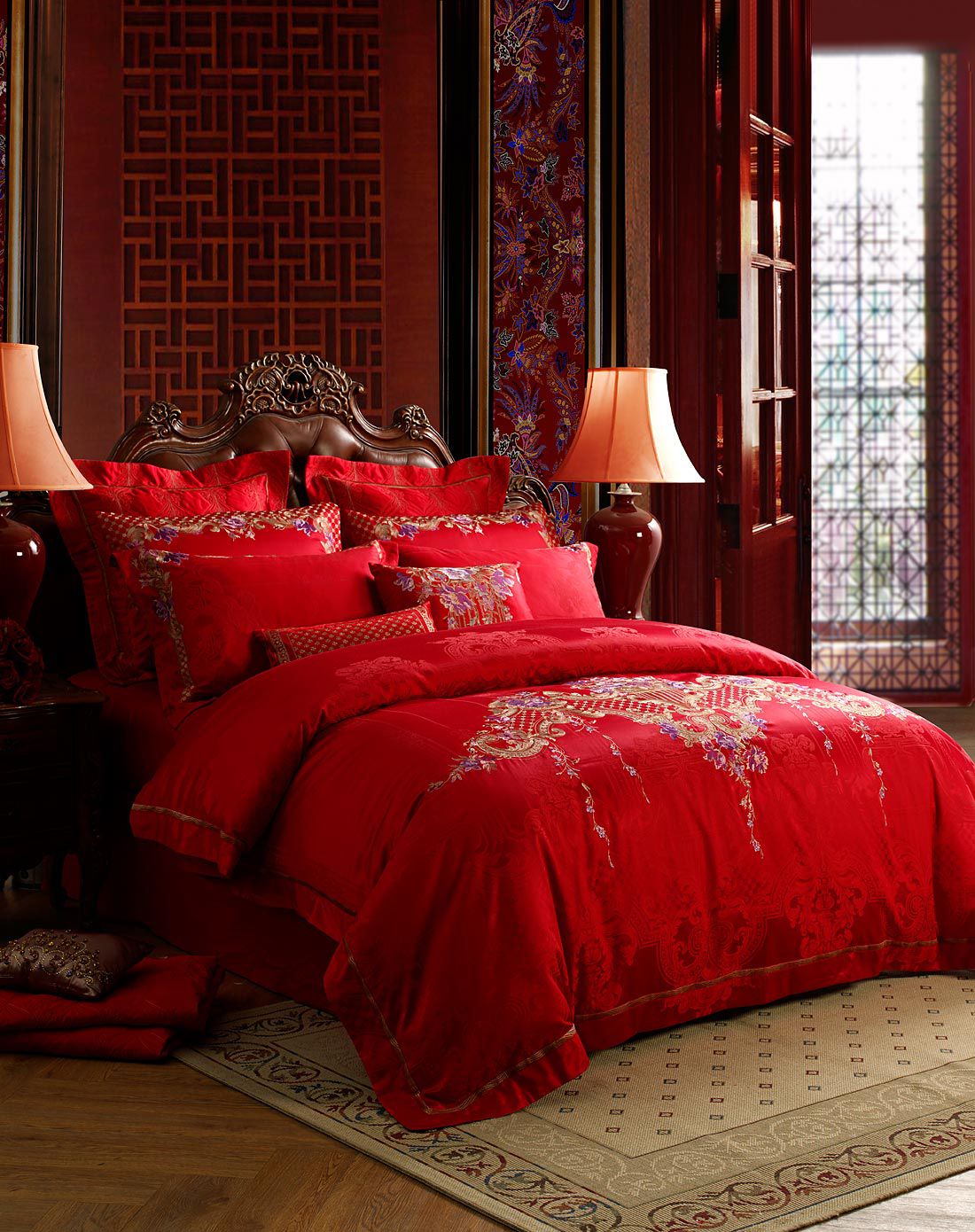 lovo 1.8米床婚庆丝棉大提花 结婚床上十件套 结婚套件 浪漫一生