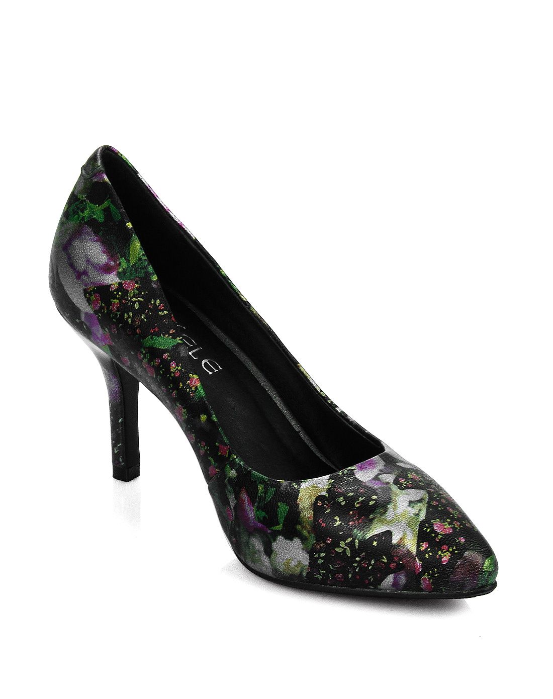 黑紫色羊皮时尚印花细跟女鞋