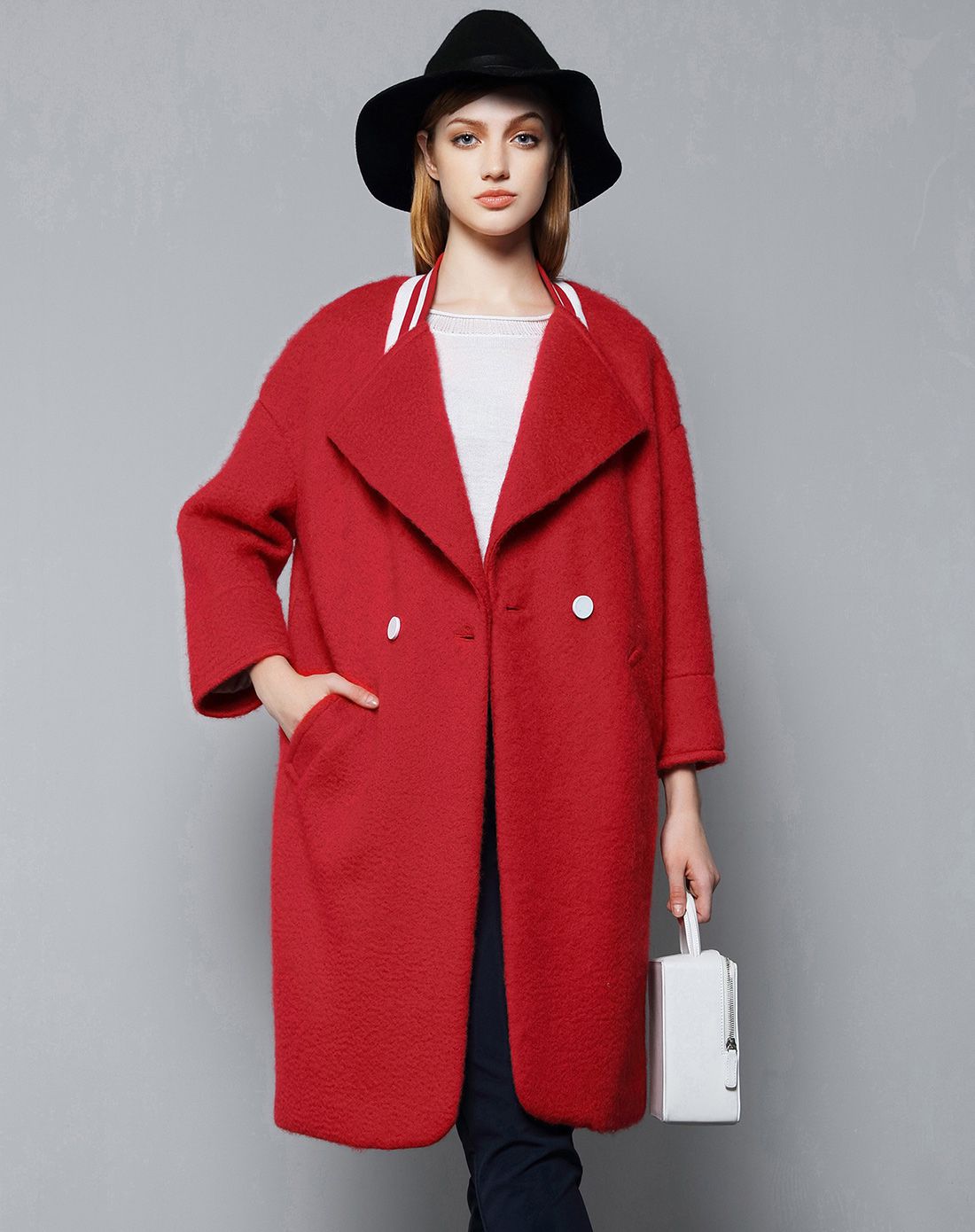 红色欧美高档撞色翻领毛呢外套