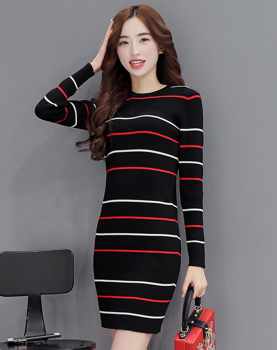 乔伊思女装移动端专场卡其色条纹拼接针织连衣裙w63305961_唯品会