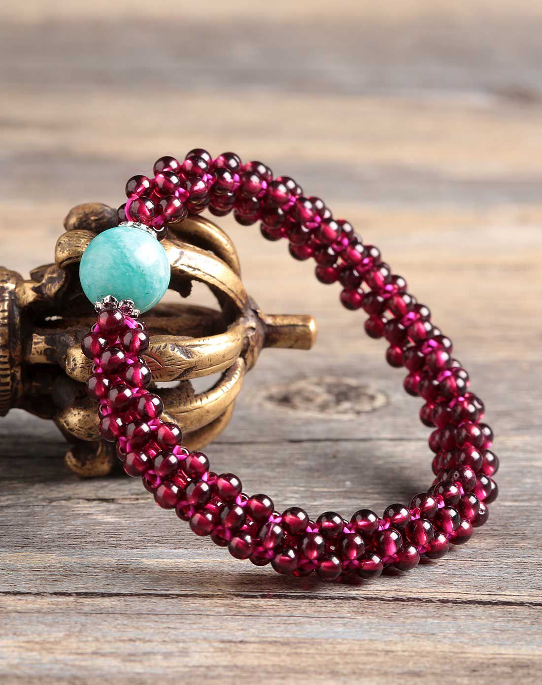 白玛曲珍 石榴石圆珠编织加天河石手链(附证书)