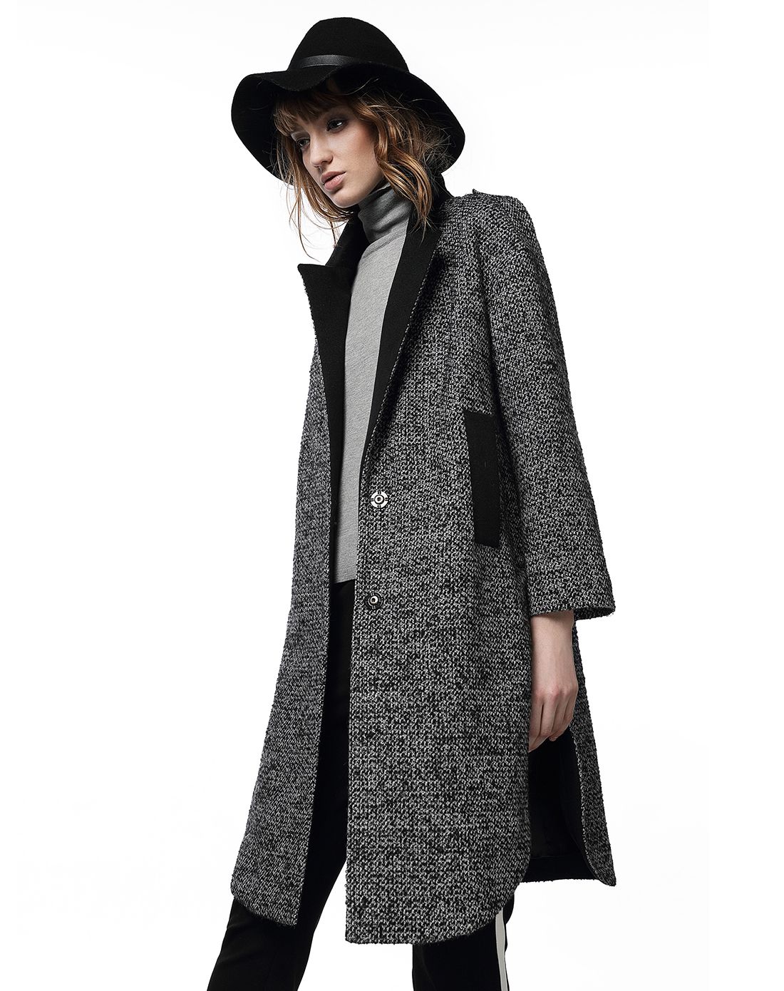 灰色欧美粗花呢宽松中长款呢大衣