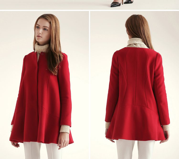 正红色圆领大a摆大衣