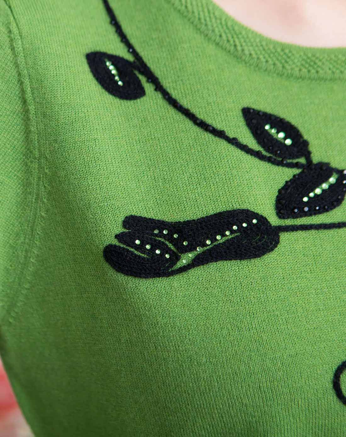 女款桔绿色纯羊毛绣花套头衫