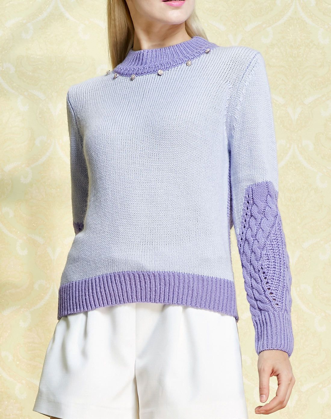 雨人 撞色领口优雅纱线毛衣