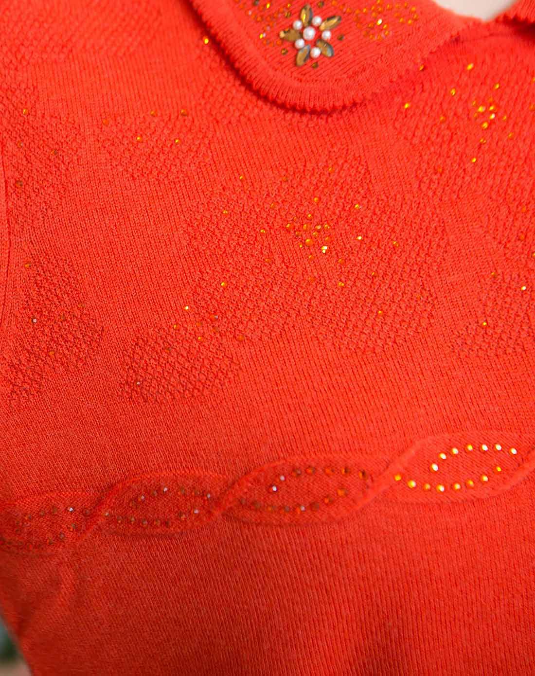 女款桔红色纯羊毛镶珠花领套头衫