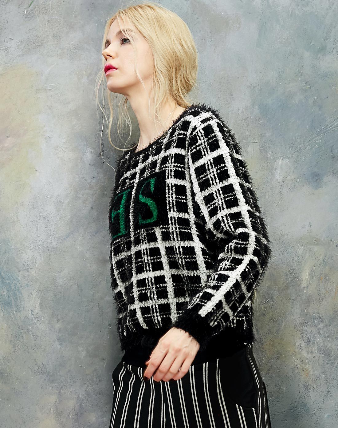 妖精的口袋elfsack女装专场 米兰站 撞色字母提花格纹毛衣 商品编码