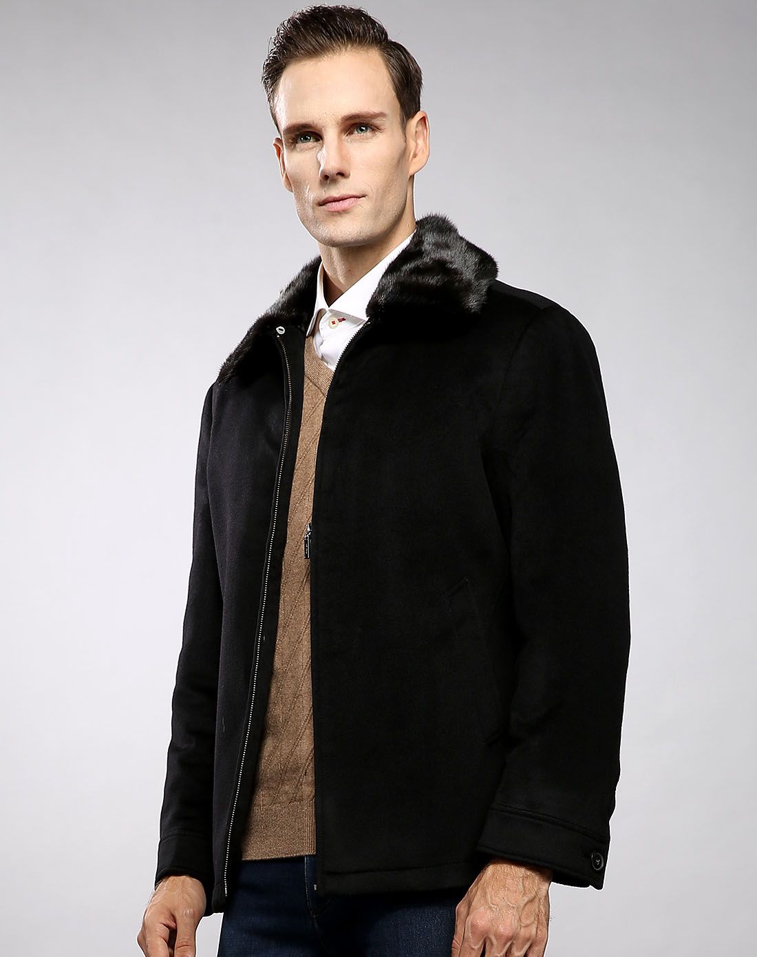 水貂毛内胆羊毛羊绒面大气翻领尼克服