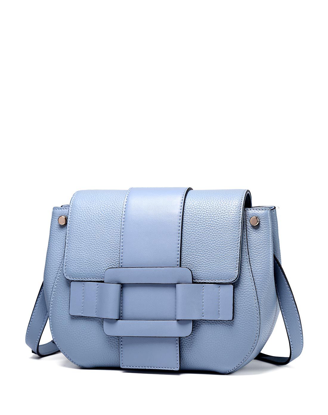女款牛皮革小清新插扣翻盖马鞍包蓝色
