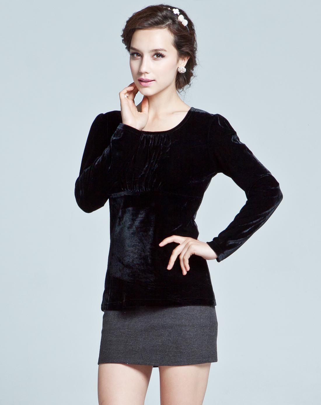 黑色天鹅绒长袖复古修身上衣