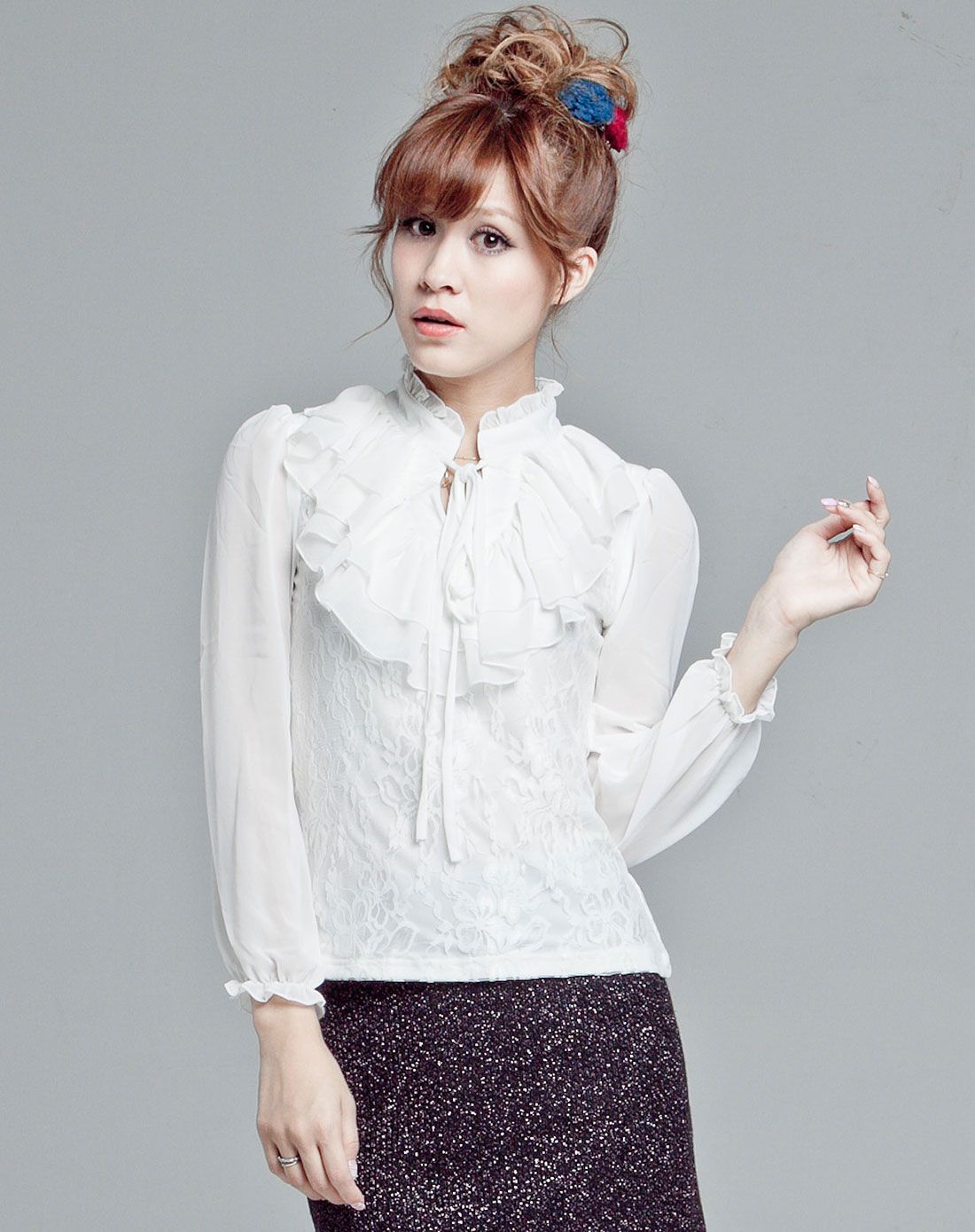 黑色立领荷叶边淑女雪纺蕾丝衬衫