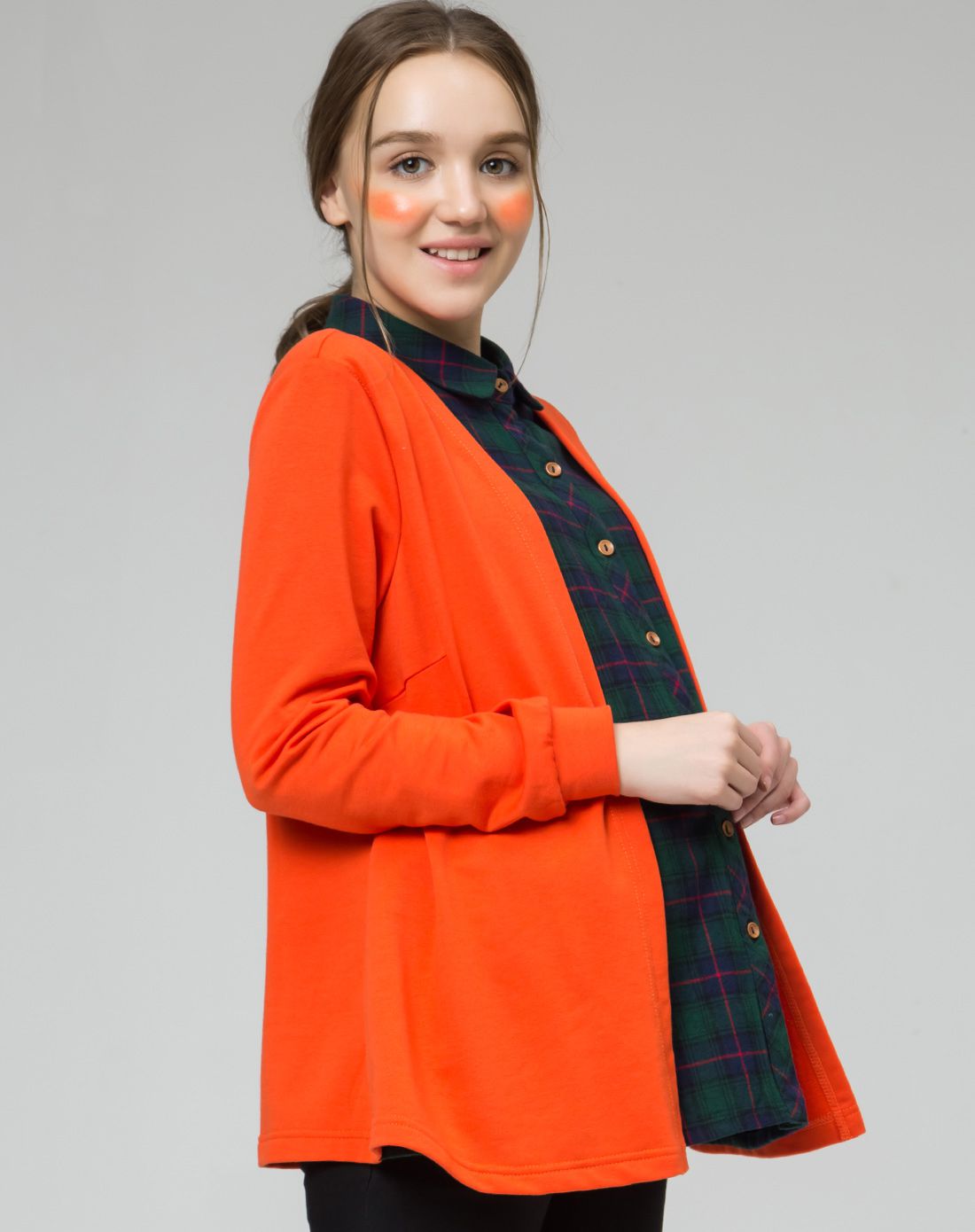 桔色假两件式可哺乳针织开衫上衣