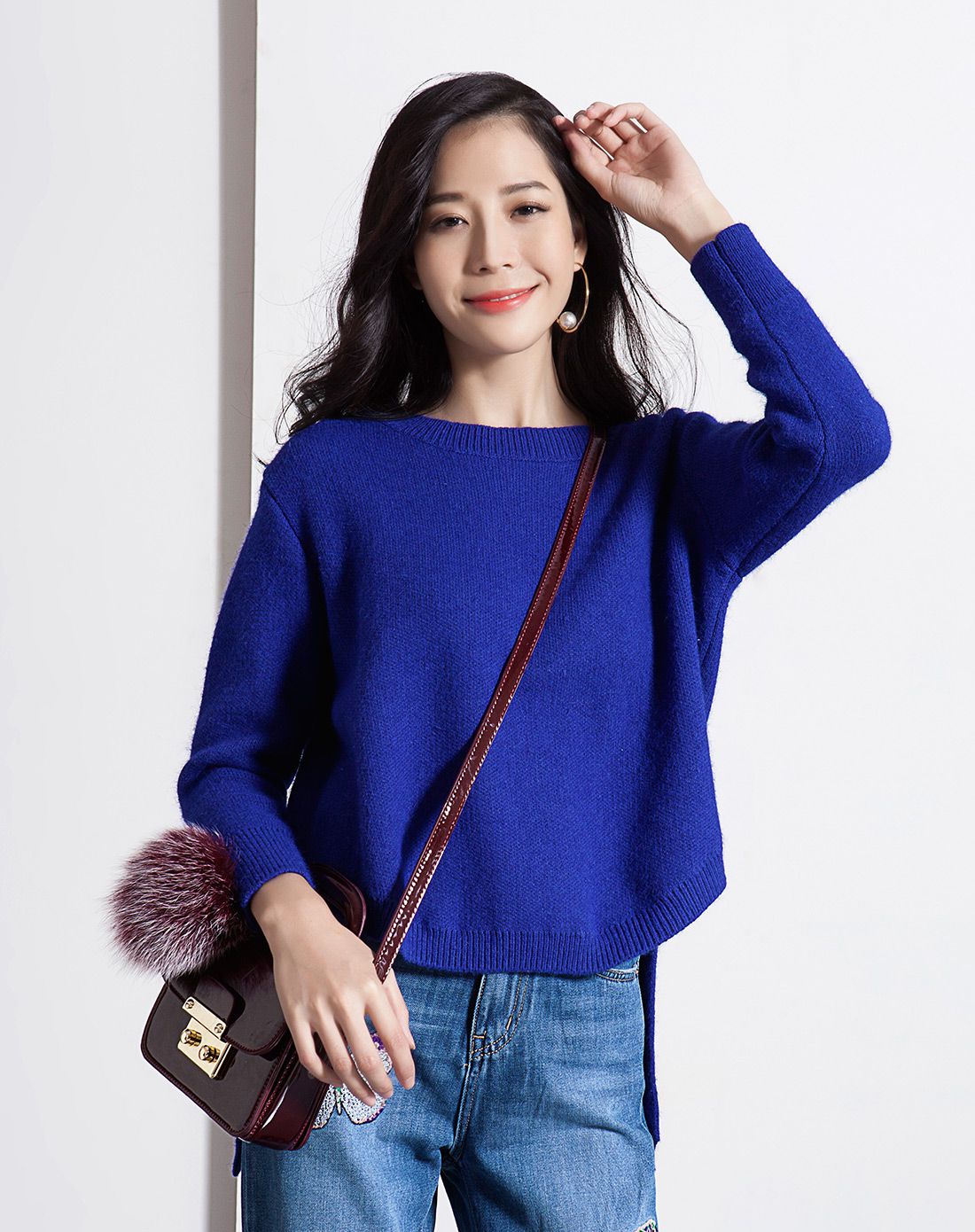 女士宝蓝色韩版纯色毛衣