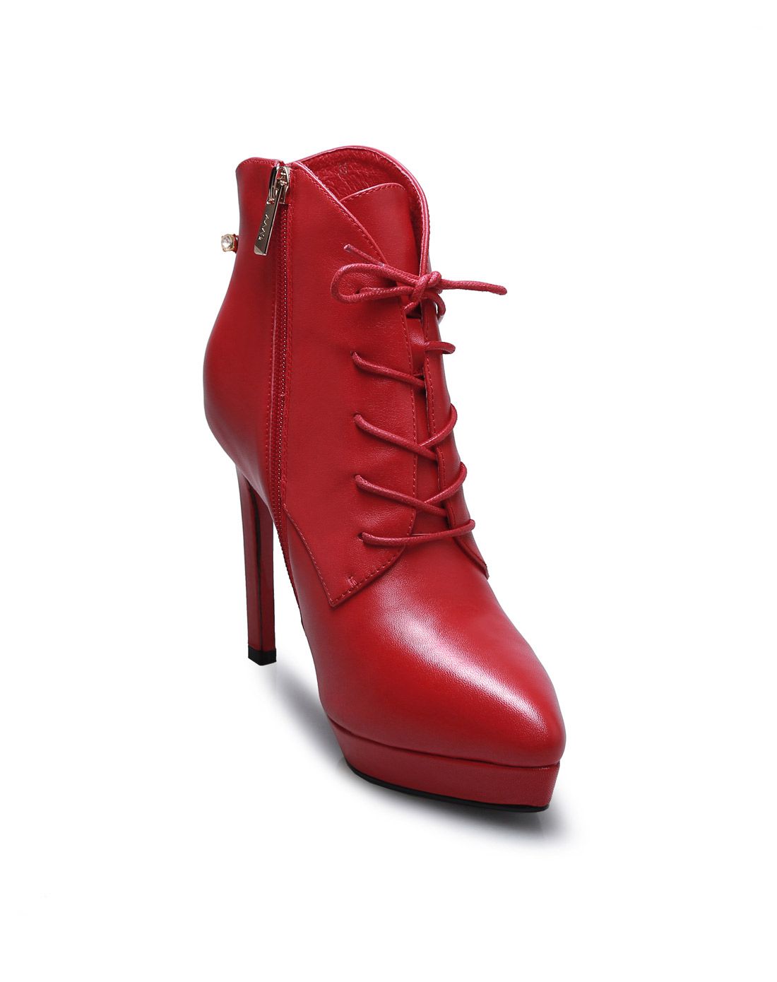 红色牛皮真皮系带防水台尖头细高跟短靴