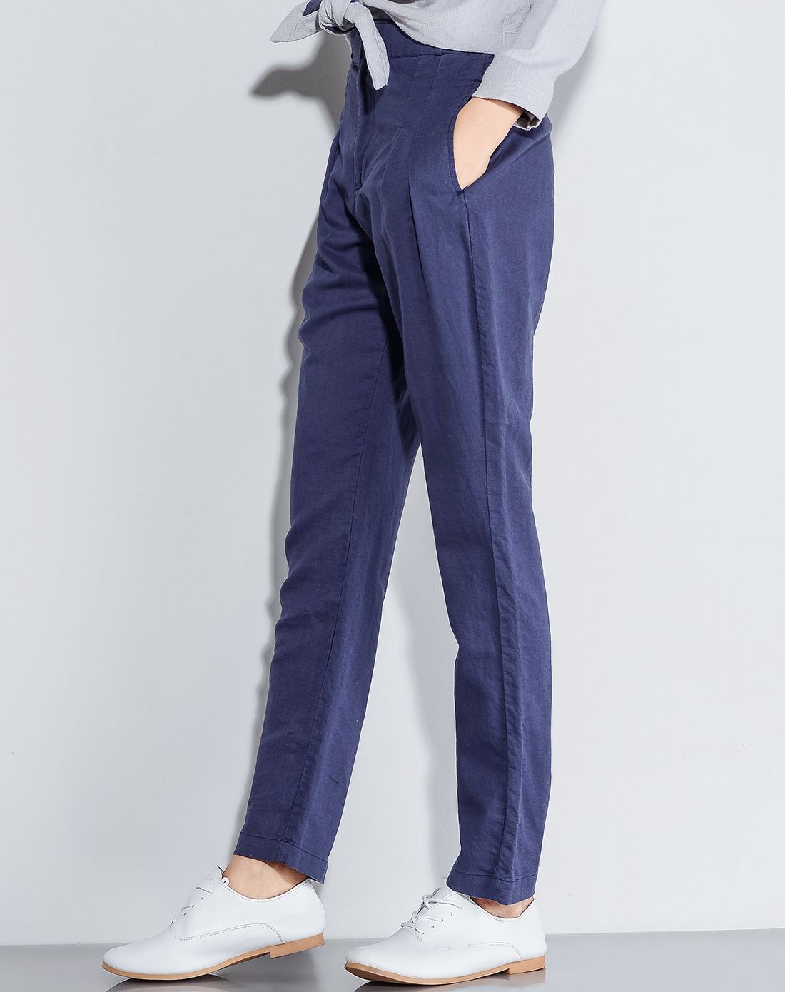 藏蓝色棉麻混纺休闲舒适裤子