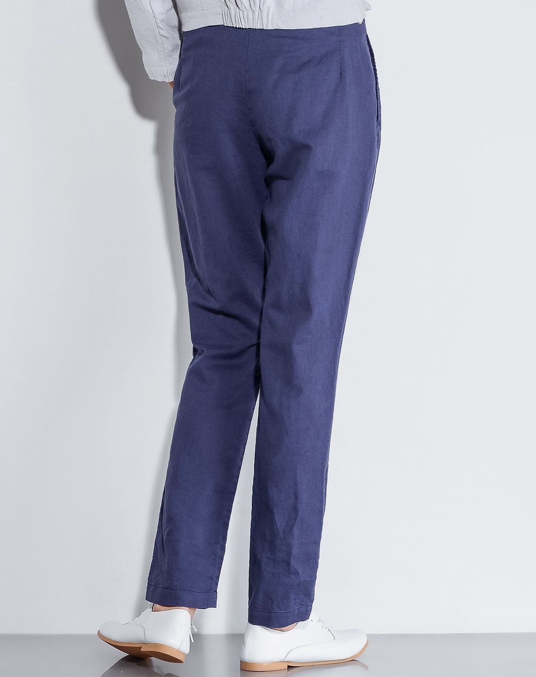 藏蓝色棉麻混纺休闲舒适裤子