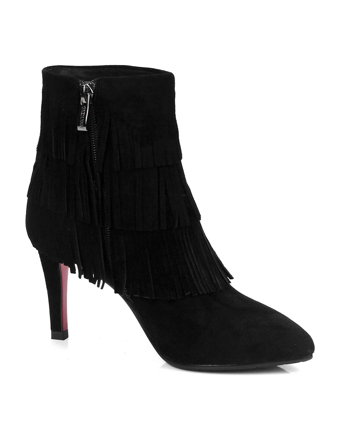 威尼女鞋黑色羊皮时尚流苏优雅尖头短靴ma51-gd6721-01_唯品会